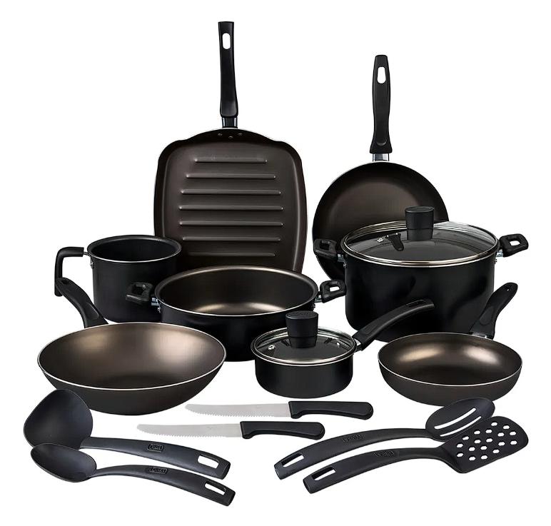 Batería De Cocina Cinsa Sabor De 16 Piezas De Aluminio Con Antiadherente Negro