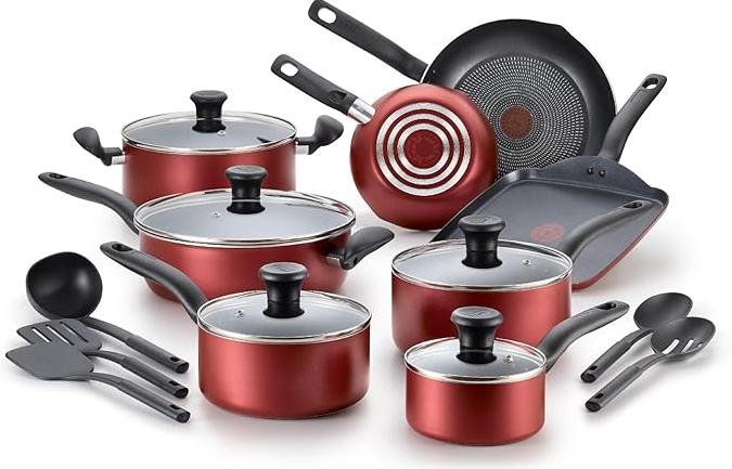 Batería de Cocina T-Fal  B165SI64 color Rojo, 18 Piezas
