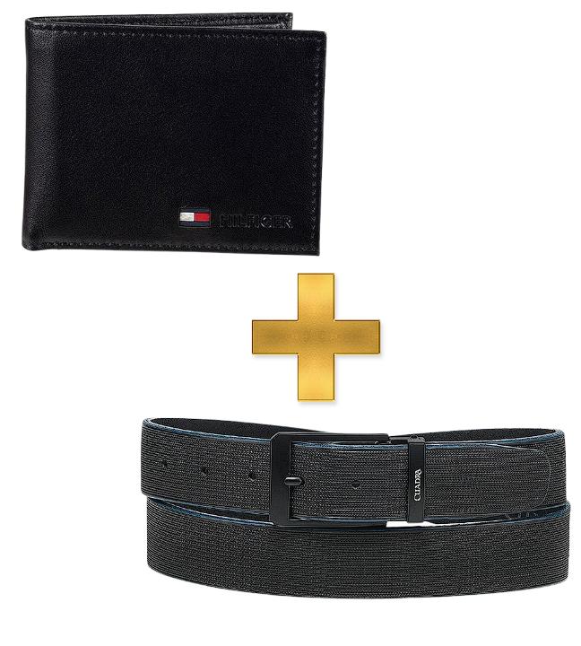 Combo Cartera Tommy Hilfiger + Cinturón de vestir en piel genuina para caballero