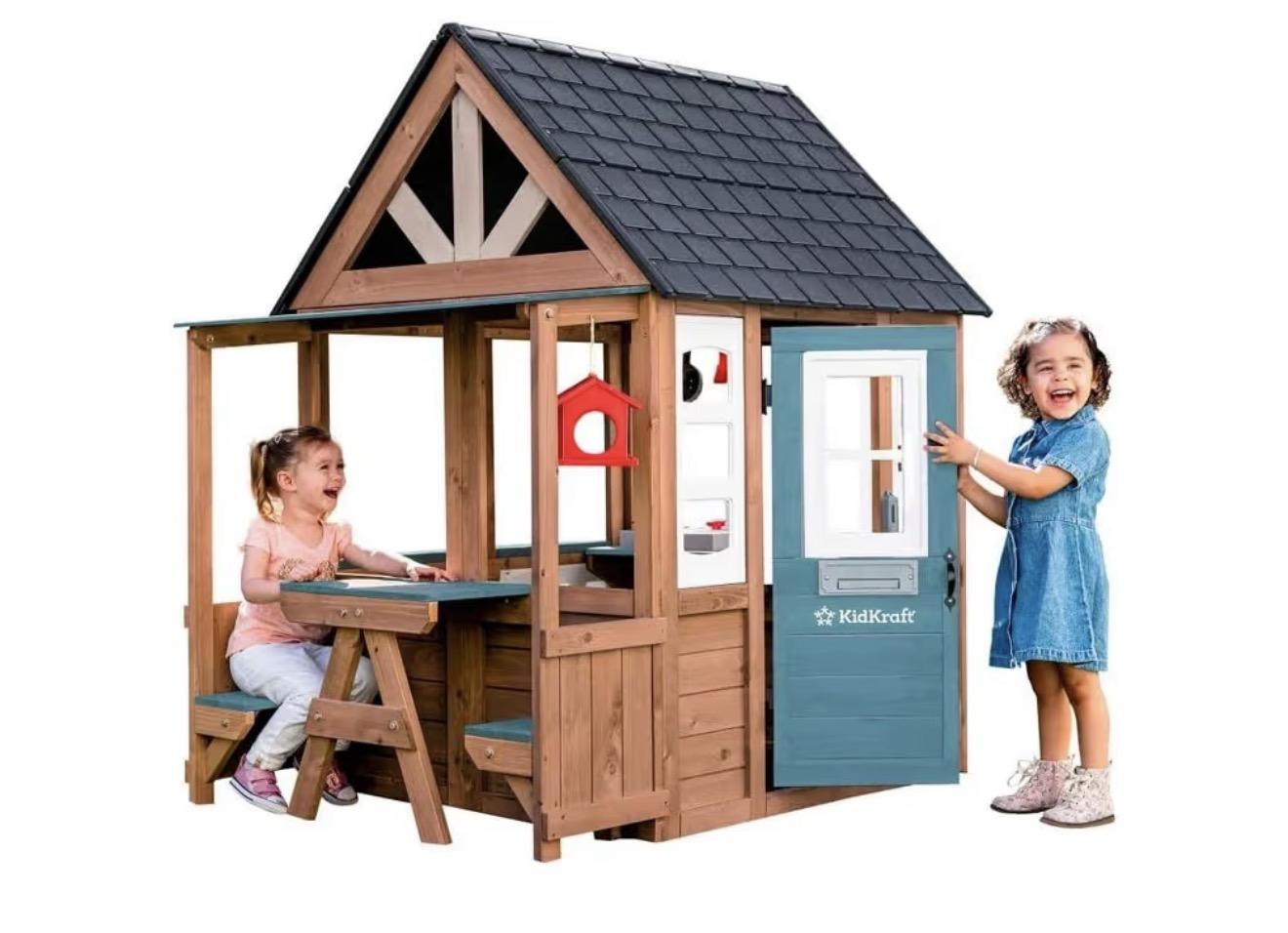 Casita de Juegos de Madera para Exterior, con Cocina, Mesa de Picnic y Bancos