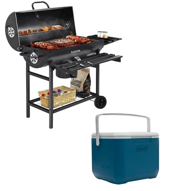 Combo Parrilla Asador Con Ruedas Acero Inox + Hielera Coleman 22 Latas