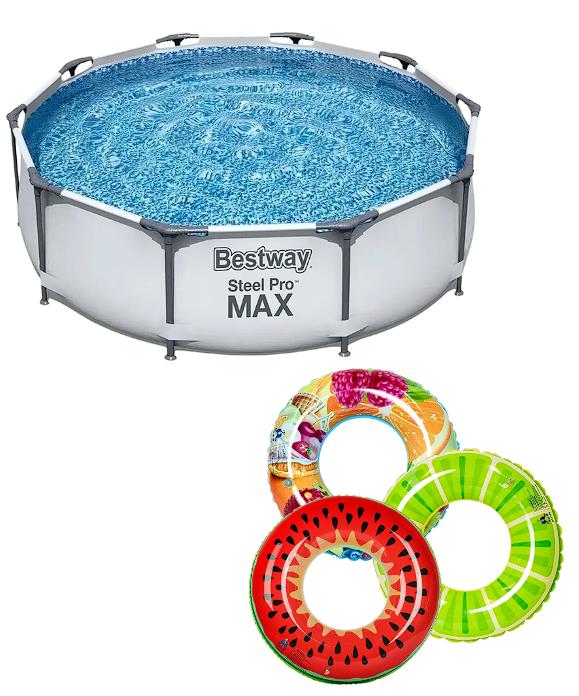 Combo Alberca Estructural Redonda Steel Pro Max 3m + 3pzs Salvavidas Inflables Para Alberca