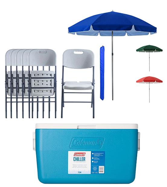 Combo Sombrilla Playa Plegable 2m + Hielera Coleman 63 Latas + Silla Plegable Set de 4 piezas