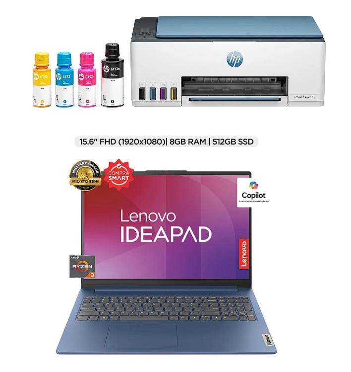 Combo Laptop Lenovo Ip Slim 3 Ryzen 3 7320u 8Gb 512Ssd + Impresora Multifuncional HP Smart Tank 525 