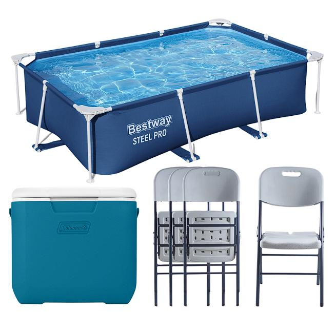 Combo Alberca Rectangular Bestway + Sillas Plegables De Plástico 4 Sillas + Hielera Coleman 25 latas
