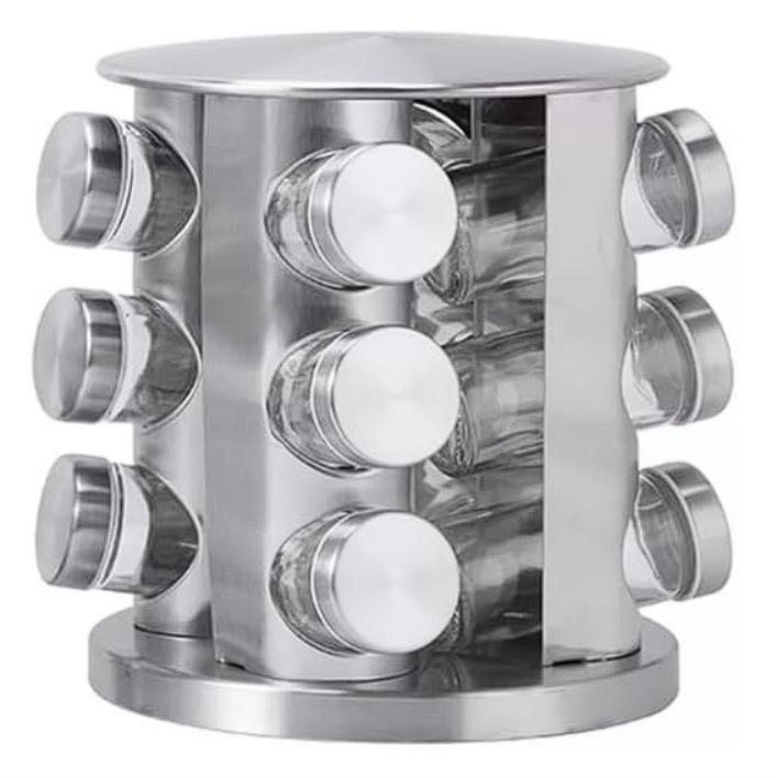 Especiero Giratorio, Acero Inoxidable Plateado con 12 Frascos de Vidrio para Especias