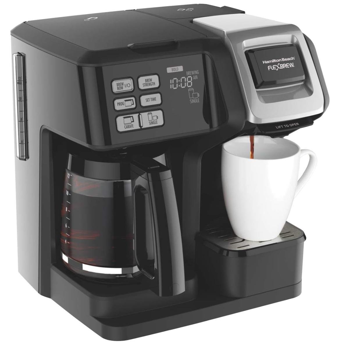 Hamilton Beach Cafetera Trío FlexBrew, con 2 Opciones de Café, Negra (49976), 12 tazas