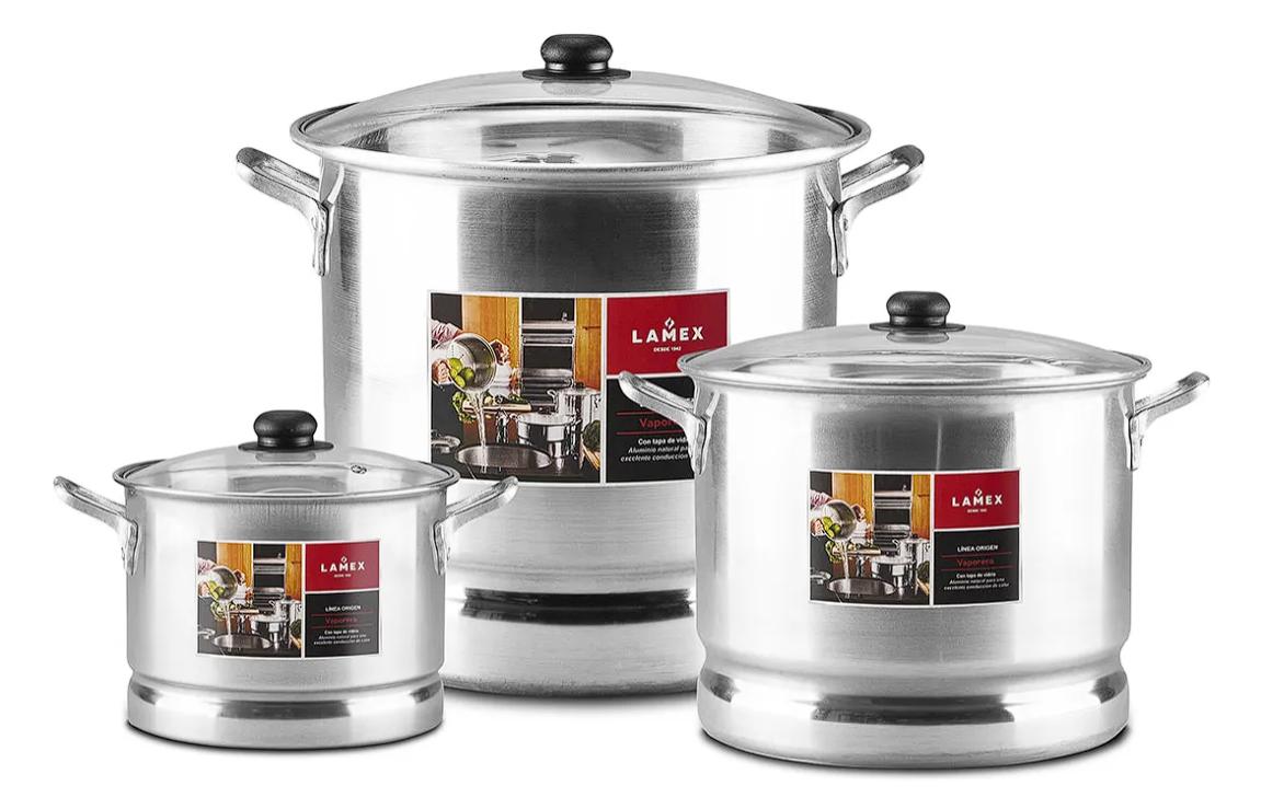 Juego De 3 Vaporeras Lamex De Aluminio 6.5 - 11 - 30 Litros