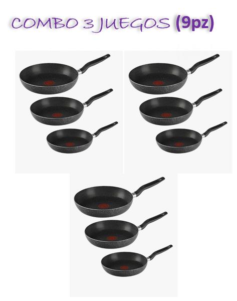 COMBO 3 Juego de 3 Sartenes (9pz) T-fal Aluminio Antiadherente Stone