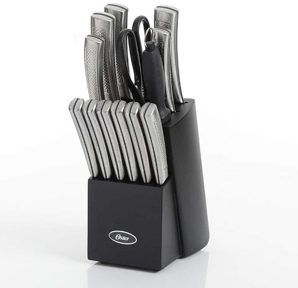 Oster Wellisford - Juego de cubiertos de cocina de acero inoxidable con soporte de bloque de madera 